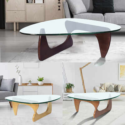 #ad Living Triangle Glass Coffee Table with Solid Wood Stand Noguchi Style $439.00