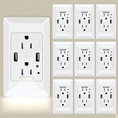 #ad 10 × LED Night Light Wall Socket 2 USB Ports 2 AC Outlet Duplex Receptacle Cover $149.87