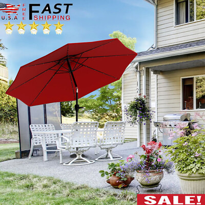 #ad 10 Foot Patio Umbrella with Solar LED Light Market Umbrella Outdoor Pool Red $110.69