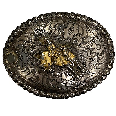 #ad Rodeo Bull Rider Western Cowboy Silver Gold Belt Buckle 4quot; x 3quot; VINTAGE $8.95