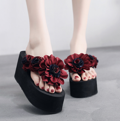 #ad Womens Flowers Flip Flops Sandals Wedge High Heels Platform Shoes Beach Slippers $18.99