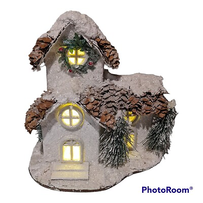 #ad Rustic Wooden Illuminated Paper White Church Village Christmas Snow Department $30.99