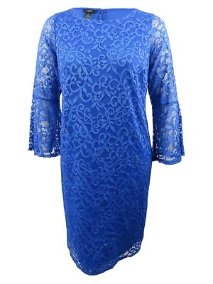 #ad Alfani Women#x27;s Plus Size Lace Bell Sleeve Sheath Dress 18W Stormy Sea $12.99
