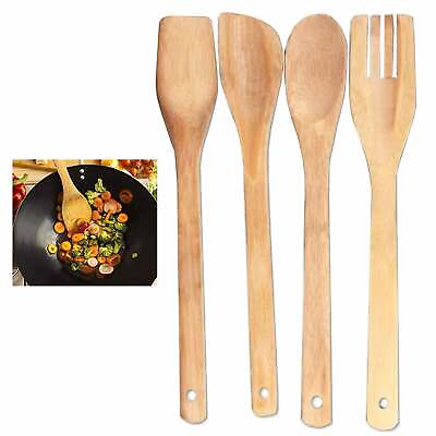 #ad 4 Pc Bamboo Cooking Utensil Spoon Spatula Wooden Set Kitchen Mix Non Stick Tools $7.97