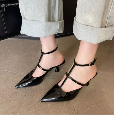 #ad Womens Kitten Heels Pointed Toe Slingbacks Sandals Buckle Strap Court Shoes Pump $55.29