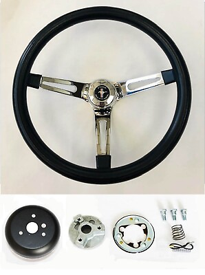 #ad 65 69 Ford Mustang Steering Wheel Black on Chrome 13 1 2quot; Mustang Center Cap $112.90