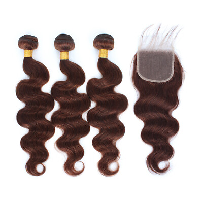 #ad #4 Brown Human Hair Bundles with Closure Body Wave Bundles with 4x4 Lace Closure $72.74