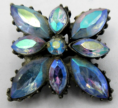 #ad VTG AB RHINESTONE silver tone metal blue Flower glass Brooch Pin Costume Jewelry $9.74