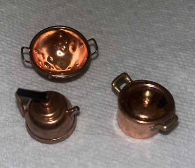 #ad Doll House Copper Pot Pan Strainer And Kettle Lot of 3 $7.00