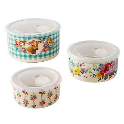 #ad Sweet Romance Cow 6PC Round Ceramic Bake and Storage Nesting Bowls Set $18.35