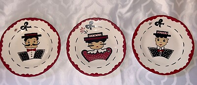 #ad Vintage Red amp; Black 7.25” Hand Painted Folk Art Plates Cute On Kitchen Wall $13.00