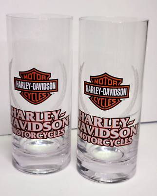 #ad Pair Harley Davidson Highball Drink Glasses Thick Bottom Staight Side 6.5quot; Tall $12.99