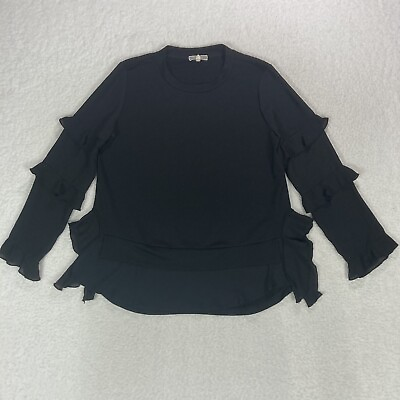 #ad Pleione Women#x27;s Long Sleeve Blouse Knit sheer mesh Black Top ruffles Medium $12.00