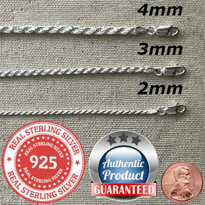 925 Sterling Silver real Italian Silver solid Rope Chain Mens womans Necklace $44.99