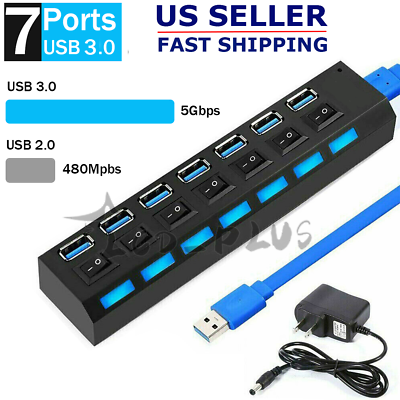7 Port USB 3.0 Hub On Off Switch High Speed Splitter AC Adapter Cable PC Laptop $10.43