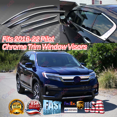 #ad Fits 2016 2022 Honda Pilot Window Visor Chrome Trim Clips On Rain Sun Vent Shade $49.99