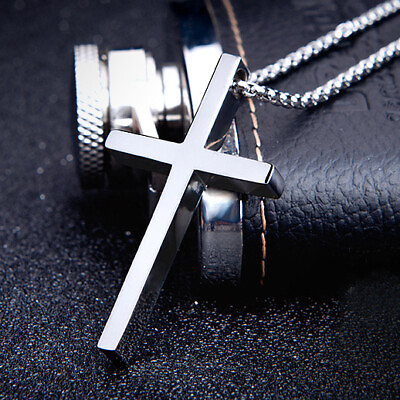 #ad Unisex Cross Necklace Stainless Steel Plain Cross Pendant Necklace Chain 19 Inch $7.79