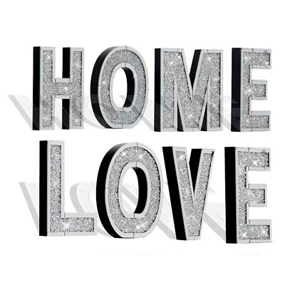 #ad 3D LOVE HOME Letters Sign Silver Crushed Crystal Bling Diamond Mirror Wall Decor $28.98