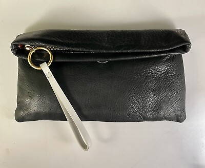 #ad India Hicks Carmen Clutch Black Leather With Signed Wristlet Strap Charm NWOT $149.00