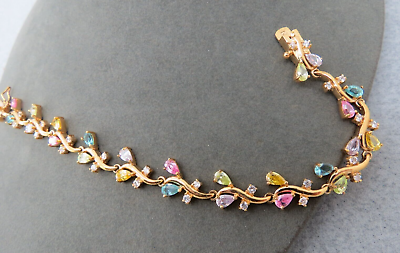 #ad FAS Sterling Silver Tennis Bracelet Multicolor Gemstones Gold Vermeil 7.5quot; Long $59.00