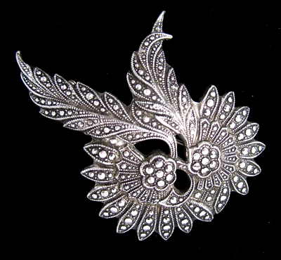 #ad Vintage Light Weight Faux Marcasite Floral Brooch Pin Made in Germany $17.99
