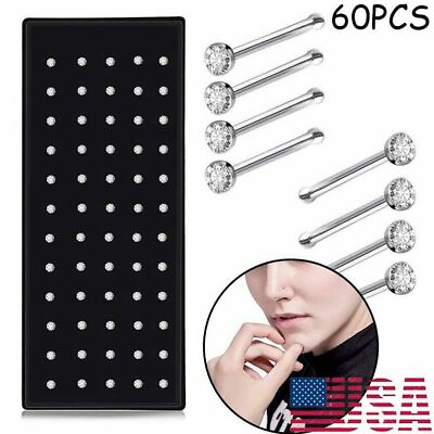 #ad 60 PCS Stainless Steel CZ Nose Studs Rings Bone Piercing Pin Body Jewelry 20G $9.19