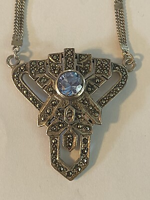 #ad Vintage Aquamarine Marcasite Sterling Silver Pendant Necklace 20”Length #512 $60.00