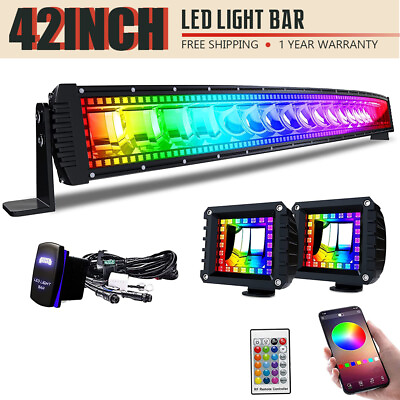 42 inch LED Curved Light Bar 4quot; Pods LED Work Light RGB amp; Chasing Halo Ring $226.99