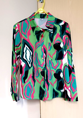 #ad Ladies Womens Geometric Print Shirt Blouse Vibrant Colours Size 10 12 GBP 12.00