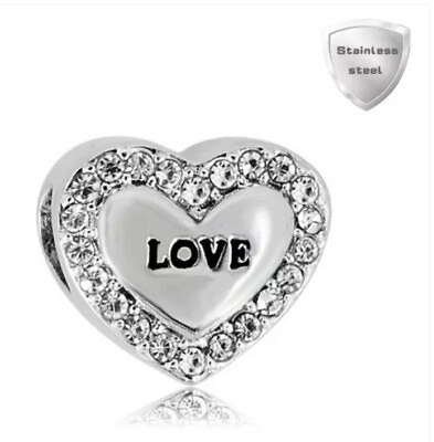 #ad Stainless European Charm Bead CZ Heart Love Halo Fits All Bracelets Jewelry New $10.99