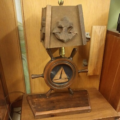 #ad Nautical Lamp with Ship Wheel Anchor Sail Boat Port Light Seaside Folk Art VTG $99.95