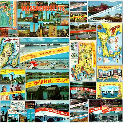 #ad x22 Massachusetts #2 SET c1960s MA Bay State Greetings Chrome Photo Map Lot A182 $19.50