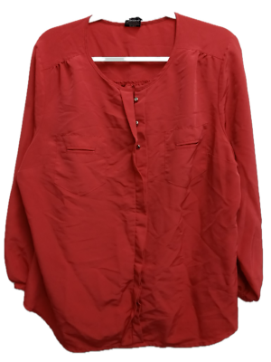 #ad George red scoop neck pockets long sleeve satiny look button down top 2X $14.99