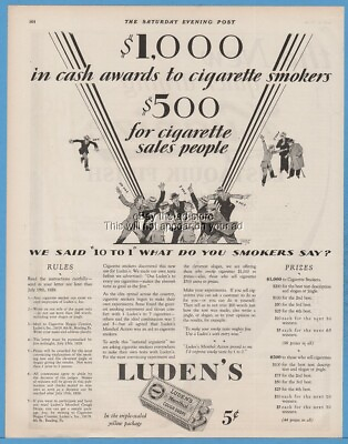#ad 1929 Luden#x27;s Menthol Cough Drops Cash Award to Cigarette Smokers magazine Ad $9.44