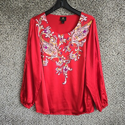 #ad JM Collection Top Womens Plus 1X Red Satin Tunic Scoop Neck Floral Blouse Ladies $16.99