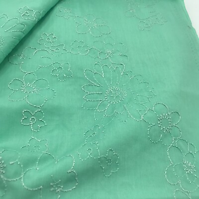 #ad Vintage Hand Made Embroidered Green Cotton Fabric Floral Stitched 3.66 Yards $40.00