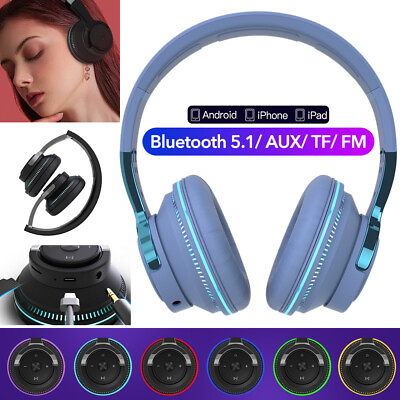 #ad Bluetooth 5.1 Headphone Colorful LED Light Stereo Bass Headset Wireless Earphone $24.69