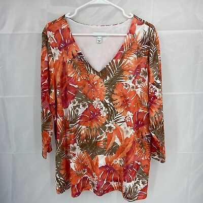 #ad Susan Graver Women XL Floral Blouse V Neck Stretch Orange Top Tropical Travel $19.99