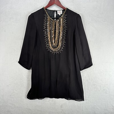 #ad Parker Blouse Womens Medium Black Chiffon Silk Tunic Beaded Sequin Keyhole Neck $18.00