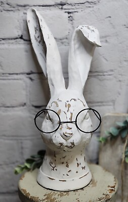 #ad Farmhouse Distressed Easter Bunny Rabbit Head With Glasses Shabby Chic Resin NWT $34.95