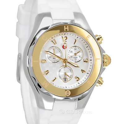 #ad MICHELE Tahitian Jelly Bean Womens 18K Gold Chronograph Watch White Silicone $219.18