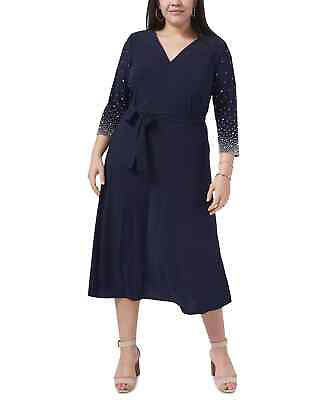 #ad MSK Jersey Dress Plus Size 2X Navy Blue Belted Beaded Sleeve Midi A Line NWT $99 $22.49