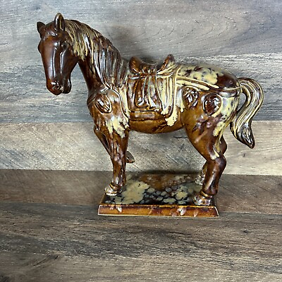 #ad Vintage Pottery or Ceramic Tall Horse Figurine Horse With Saddle Drip Glazed $19.99