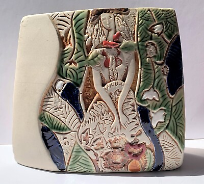 #ad Beautiful Japanese Studio Pottery Relief Sculpture Vase quot;Girl In Flowersquot; $99.99