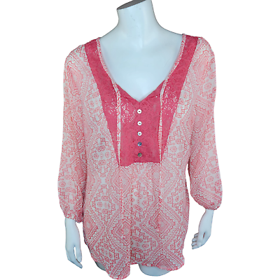 #ad NO BOUNDARIES JUNIOR 15 17 XL PEASANT BLOUSE CORAL AND WHITE WITH LACE KEYHOLE $10.00