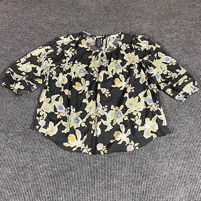 #ad Lauren Conrad Top Womens 2X Gray Floral 3 4 Sleeve Tie Up Light Weight Blouse $14.94