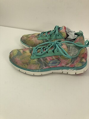 #ad Skechers Memory Foam SZ 10 Womens Floral Mint Pink Aqua Flex Sneakers Lightweigh $19.99