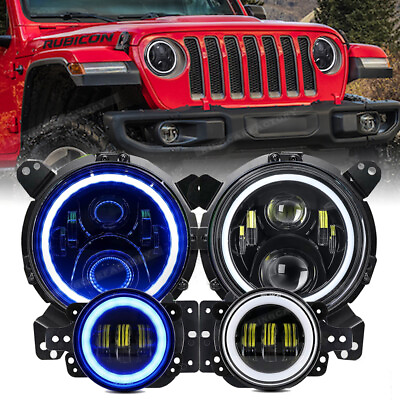 #ad Blue 9quot; LED Halo Headlights 4quot; Fog DRL Combo Kit For Jeep Wrangler JK JKU 2018 $155.99