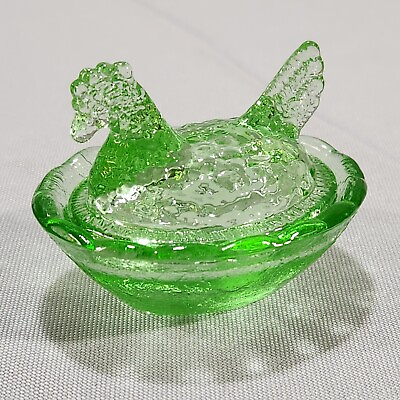 #ad Light Pale Green Glass 2.5quot; Miniature Hen on Nest Salt Cellar Trinket Dish $7.99