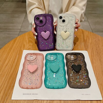 #ad 3D Love Heart Clear Glitter Case For iPhone 15 Pro Max 15 14 Plus 13 12 Pro 11 $8.99